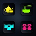 Set Geta traditional Japanese shoes, Japanese tea ceremony, Sushi and Asian noodles in bowl and chopsticks. Black square