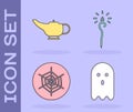 Set Ghost, Magic lamp or Aladdin, Spider web and Magic staff icon. Vector