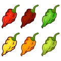 Set of ghost pepper carolina reaper spiciest chili, isolated on white background. Vector cartoon flat design illustration Royalty Free Stock Photo