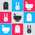 Set Ghost, Rabbit with ears and Magic mortar and pestle icon. Vector Royalty Free Stock Photo