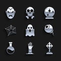 Set Ghost, Zombie hand, Tombstone with cross, Eye, Bottle potion, Spider web, Magic ball and Vampire icon. Vector Royalty Free Stock Photo