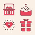 Set Gift box, Basket with easter eggs, Easter cake and candle and Christian cross and heart icon. Vector Royalty Free Stock Photo