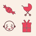 Set Gift box, Candy, Baby stroller and Happy little boy head icon. Vector Royalty Free Stock Photo