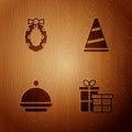 Set Gift box, Christmas wreath, covered with tray and Party hat on wooden background. Vector