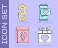 Set Gift box and heart, Please do not disturb with heart, Book about women and Online dating app and chat icon. Vector