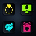 Set Gift box and heart, Wedding rings, Diamond and 8 March on monitore. Black square button. Vector Royalty Free Stock Photo