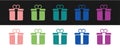 Set Gift box icon isolated on black and white background. Merry Christmas and Happy New Year. Vector Royalty Free Stock Photo