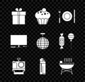 Set Gift box, Muffin, Plate, fork and knife, Photo camera, Lighter, Barbecue grill, Video game console and Disco ball