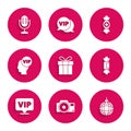 Set Gift box, Photo camera, Disco ball, Candy, Location Vip, inside head, and Microphone icon. Vector