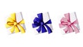 Set of gIft box with pink, yellow or blue bow on the white background. Royalty Free Stock Photo