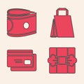 Set Gift box, Stacks paper money cash, Paper shopping bag and Credit card icon. Vector