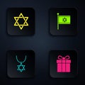 Set Gift box, Star of David, necklace on chain and Flag Israel. Black square button. Vector
