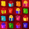 Set of gift boxes and bags on a red background Royalty Free Stock Photo