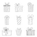 a set of gift boxes with bows of different shapes and patterns in a thin line. vector illustration of a doodle Royalty Free Stock Photo