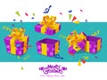 Set gift boxes. Concept cartoon of different present boxes. Christmas elements set. Celebration event for Birthday and New Year Royalty Free Stock Photo