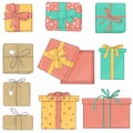 Set Gift boxes of different colors and shapes. Vector illustration in sketch style. Boxes are tied with ribbons on a Royalty Free Stock Photo