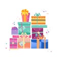 Set of gift boxes, gifts, with New Year`s bright decor. Templates for postcards