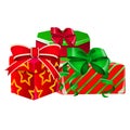 Set of gift boxes with a green and red ribbon with bowknot with wrapped paper red color with a striped texture and the