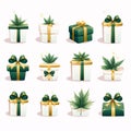 Set of gift boxes with green ribbons and bows. Vector illustration Royalty Free Stock Photo