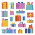 Set of gift boxes isolated on white background. Beautiful boxes tied with ribbons. Vector illustration in flat style Royalty Free Stock Photo