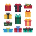 Set of gift boxes isolated on a white background. 8 bit. Graphics for games. Vector illustration in pixel style Royalty Free Stock Photo