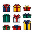 Set of gift boxes isolated on a white background. Vector illustration in pixel art style. 8 bit Graphics for games Royalty Free Stock Photo