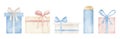 Set of Gift Boxes in pastel watercolor colors. Hand drawn illustration of Presents with ribbons and bows on isolated Royalty Free Stock Photo