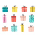 Set gift boxes, presents. Hand drawn vector illustration isolated on white. Royalty Free Stock Photo