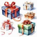 Set of gift boxes with ribbons and bows. Watercolor illustration. Royalty Free Stock Photo