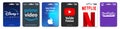 Set of Gift Card Disney +, Prime Video, Apple Store, Youtube Premium, Netflix, Twitch, Realistic effect isolated on white