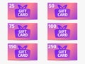 Set of gift cards with gift box and gradient colors. Design template for gift and discount card, marketing products