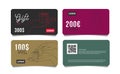 Set of gift cards vouchers with hand giving a small present box in dofferent positions, premium segment template voucher