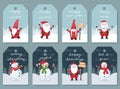 A set of gift tags, cards, labels with cute cartoon characters on the background of a winter forest and handwritten Royalty Free Stock Photo