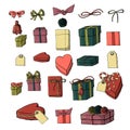 Set of gift wrapping, boxes and bow knots clipart. collection of holiday decoration objects Royalty Free Stock Photo