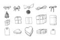 Set of gift wrapping, boxes and bow knots clipart. collection of holiday decoration objects. Royalty Free Stock Photo