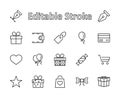 A set of gifts, vector line icons. Contains symbols gift cards, ribbons and more. Editable Stroke. 32x32 pixel.