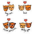 A set of ginger cats in love with inscriptions on a white background. Vector image.