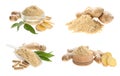 Set with ginger root and powder on white background Royalty Free Stock Photo