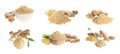 Set with ginger root and powder on white background. Banner design Royalty Free Stock Photo