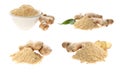 Set with ginger root and powder on white background Royalty Free Stock Photo