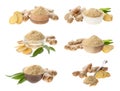 Set with ginger root and powder on white background Royalty Free Stock Photo