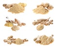 Set with ginger root and powder on white background Royalty Free Stock Photo