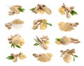Set with ginger root and powder on white background Royalty Free Stock Photo