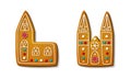 Set of Gingerbread cookies in shape of churches. Winter homemade sweets in shape of house and cottage. Cute spice baked