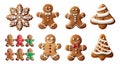 set of gingerbread cookies with the shape of a man, a snowflake and a Christmas tree with white icing on transparent. Christmas