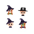 Set of girl, boy and baby with white and green skin, red hair, big eyes and suspicious emotions in pointed witch hat