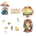 Set of girl and boy gnome in national ukrainian costume ,country houses and flowers. Design for baby shower party, birthday,cake,