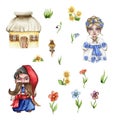 Set of girl and boy gnome in national ukrainian costume ,country houses and flowers. Design for baby shower party, birthday,cake,