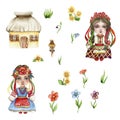 Set of girl and boy gnome in national ukrainian costume ,country houses and flowers. Design for baby shower party, birthday,cake,