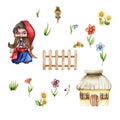 Set of girl and boy gnome in national ukrainian costume ,country houses and flowers. Design for baby shower party, birthday,cake,